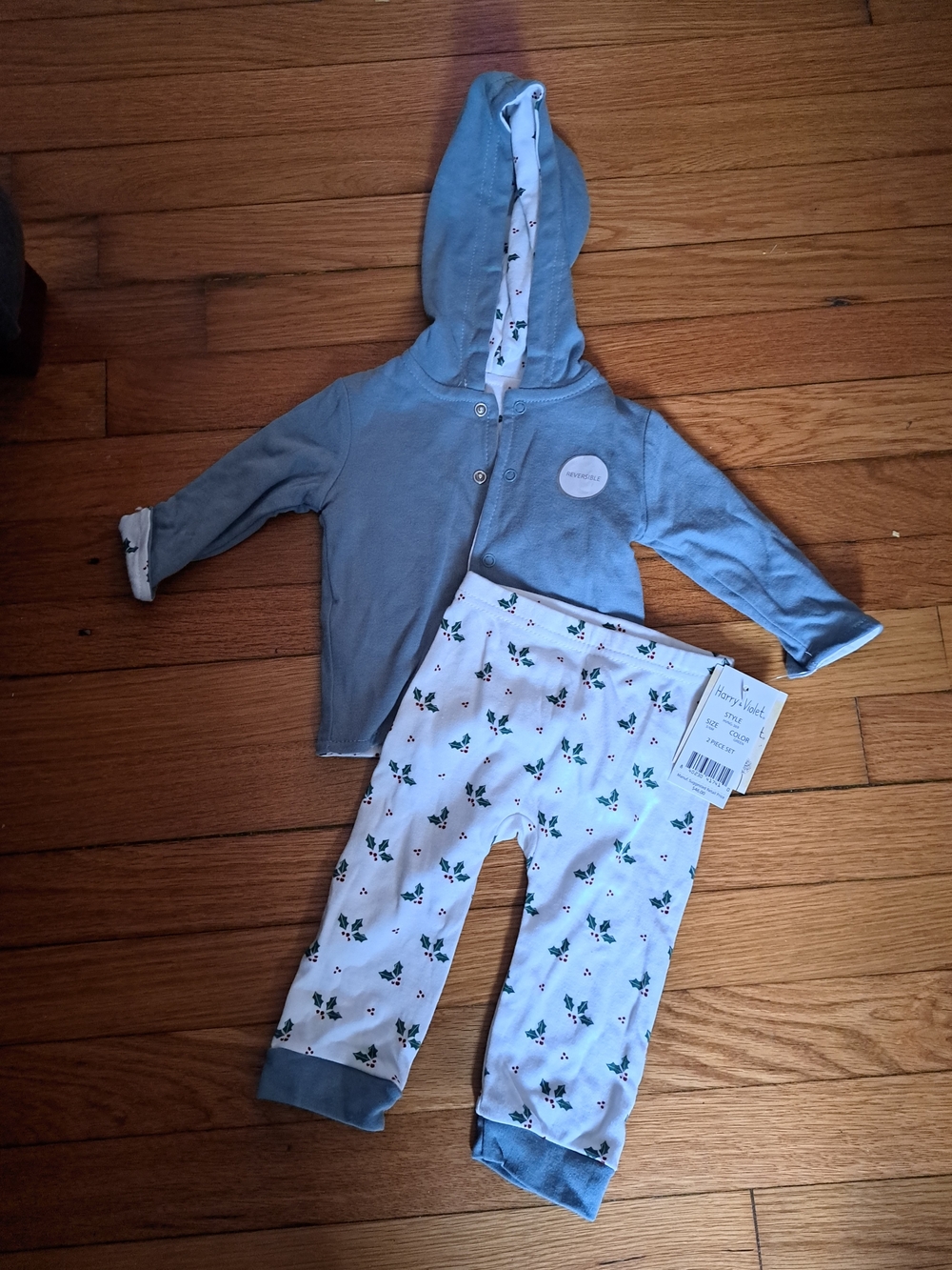 Blue Hooded Baby Set with Holly Print Pants